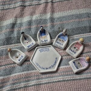 Hand-Painted Ceramic Seder Plate Set - Blue, Pink & Cream Hand Made In Isreal